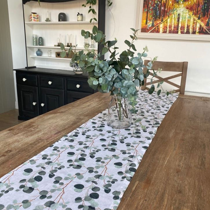 green and white eucalyptus print table runner